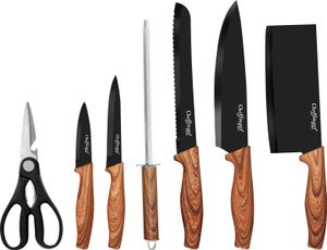Cheffinger, 7-teiliges Messerset mit Griffen in Holzoptik und Halterung, Schwarz