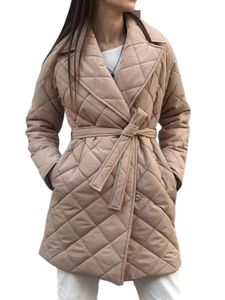 Damen Steppmäntel Langarm Mantel Verdickte Jacke Gürtel  Winter Warm Übergangsjacke Khaki,Größe L
