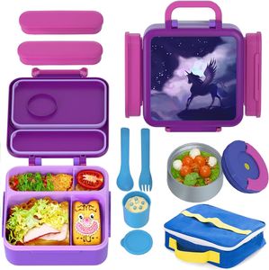 Kinder-Lunchbox mit Fächern, Essenswärmer-Box, BPA-freie, auslaufsichere Lunchbox, Schul-Lunchbox (mit Besteck und Snackbox und Tasche) Blau