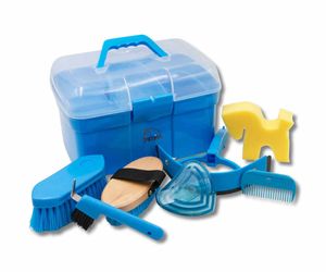 AMKA Putzkiste befüllt 8teilig mit Pferdeschwamm für Kinder und Pferde Putzkoffer, Farbe:azurblau