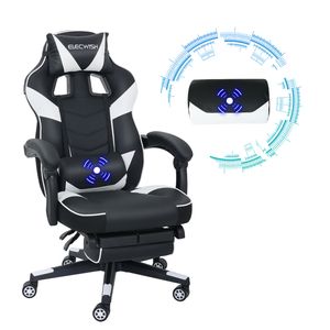 Puluomis Gaming Stuhl mit Massage und Fußstütze 150kg, Bürostuhl Ergonomisch Chefsessel Schreibtischstuhl Racing Stuhl Computerstuhl Schwarz Weiß