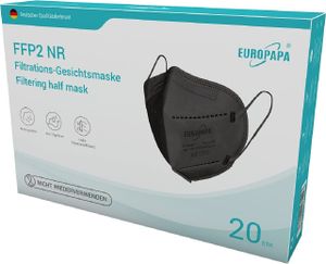 EUROPAPA® 20x FFP2 Masken Schwarz 3D-Form Atemschutzmaske 5-Lagen Staubschutzmasken hygienisch einzelverpackt