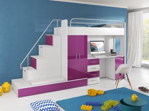 Etagenbett Felix Hochbett mit Schreibtisch und 2x Bett Hochglanz Weiss - violett