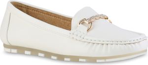 VAN HILL Damen Mokassins Slippers Bequeme Strass Profil-Sohle Schuhe 841623, Farbe: Weiß, Größe: 40