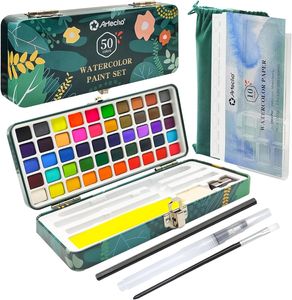 Artecho Aquarellfarben Wasserfarben Set - 50 Farben,1 Wassertankpinsel, 1 Pinsel,1 Bleistift,1 Schwamm, 1 Mischpalette, 10 Blätter 300g Aquarellpapier