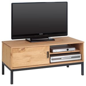 Lowboard TV Möbel SELMA, Fernsehtisch Fernsehschrank im industrial Design mit 1 Schiebetür 1 offenes Fach, Kiefer massiv, gebeizt gewachst