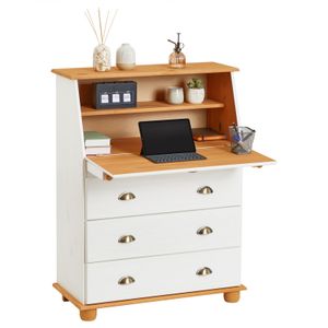 Sekretär GOMES aus massiver Kiefer weiß/braun, schöner Bürotisch mit Klappe, praktischer Arbeitstisch mit 2 Fächer und 3 Schubladen