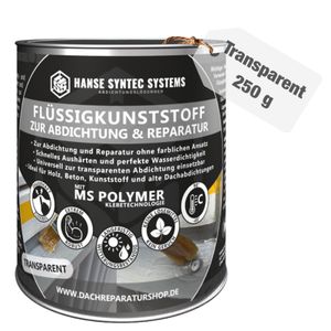 Flüssigkunststoff TRANSPARENT, 250g,Hohe Ergiebigkeit, 0,4Kg/m² (in 2-Schichten), sehr flüssig, glasklar, Lösemittelfrei, dichtet sofort, MS-Polymer, UV- & Witterungsbeständig