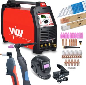 VECTOR WELDING Schweißgerät SET DC WIG mit Plasmaschneider Helm Fußpedal Zubehör | Berlin 2400