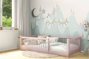 AXEL Kinderbett aus Kieferholz mit Schutzgitter Holzbett Rosa 80x160 Beinhöhe 3 cm