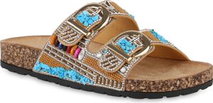 VAN HILL Damen Pantoletten Sandalen Bequeme Strass Zierperlen Schuhe 840950, Farbe: Hellbraun, Größe: 38