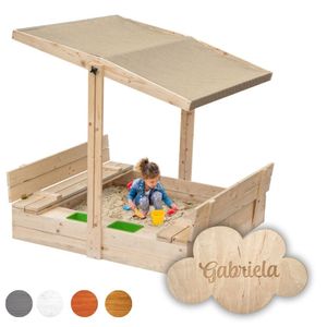 Flumi Sandkasten mit Abdeckung Sitzbänken und Sonnendach 120x120 cm Wahl der Imprägnierfarbe Kinder Sandbox mit KINDERNAME Made in EU (beiges Vordach)