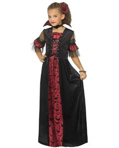 Vampir Kostüm "Tessa" für Mädchen - Langes Kleid mit Fledermäusen | Schwarz Rot Variante: 152