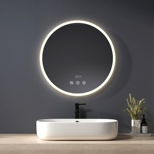 Heilmetz Badspiegel Rund Spiegel mit Beleuchtung 60cm LED Badspiegel Touchschalter+Beschlagfrei+Uhrzeit Temperatur+Bluetooth Wandspiegel