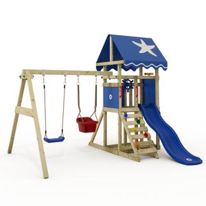 WICKEY Spielturm Klettergerüst DinkyStar mit Schaukel & Rutsche, Kletterturm mit Sandkasten, Leiter & Spiel-Zubehör - blau