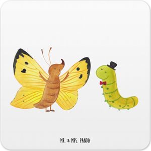 Mr. & Mrs. Panda Untersetzer Set Raupe Schmetterling 6er Set - Weiß - Geschenk, Tiere, Design Untersetzer für Gläser, Tassenuntersetzer, Gute Laune, Untersetzer Filz, Hut