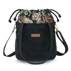 Handtaschen Beuteltasche Damen Tasche A4 - Schultertasche Shopper Bag Stofftaschen Stoffbeutel mit Innentasche Einkaufstasche Blumen Schwarz