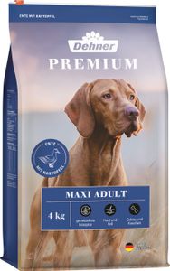 Dehner Premium Hundefutter Maxi Adult, Trockenfutter getreidefrei, für ausgewachsene Hunde großer Rassen, Ente / Lamm / Kartoffel, 4 kg