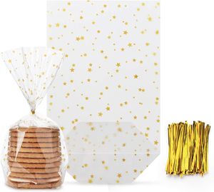 100 Stück Bodenbeutel Sterne Gold OPP Beutel mit Gold Band Verpackung Keksbeutel Gebäckbeutel Weihnachtsbeutel Klarsichtbeutel Folienbeutel Tüten