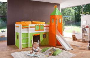 Einzelbett Alex Buche massiv 90x200 cm Weiß lackiert mit Stoff-Set und Rutsche