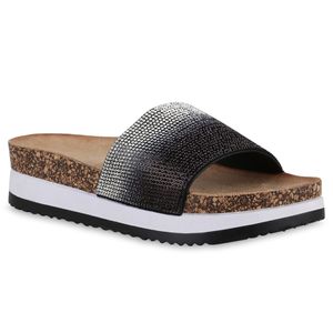 VAN HILL Damen Pantoletten Sandaletten Plateau Strass Schuhe 841091, Farbe: Schwarz, Größe: 38