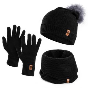 Damen Wintermütze Schlauchschal Handschuhe Set Winter Gestrickte Warme Mütze Schal Winterhandschuhe Schwarz