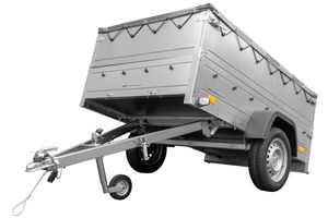 Pkw Anhänger kippbar 750 kg GARDEN TRAILER 201 KIPP mit zusätzlichen Bordwänden, Stützrad und grauer Flachplane