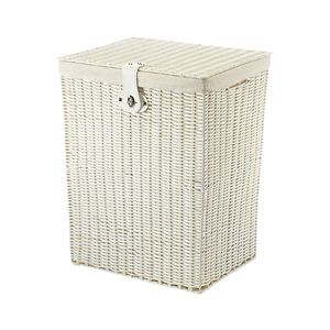 Kobolo Wäschebehälter Wäschesammler aus Kunststoff - weiß - mit Textileinsatz Deckel - Aufbewahrungskorb Sortierer Wäschesack Laundry bin Home Room