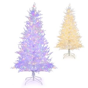 COSTWAY 180 cm umělý vánoční stromek s osvětlením, vánoční stromek se sněhem, 11 světelných režimů, 2 barvy světla, osvětlený vánoční stromek s 300 LED diodami a kovovým stojanem, pro domácí obchody kanceláře, bílý