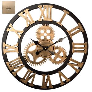 HSXL – Große Wanduhr aus Holz mit römischen Ziffern 60 cm – Schwarz mit Gold – 60 cm – Leises Uhrwerk