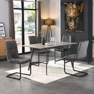 Essgruppe mit 4 Stühlen, Esstisch ausziehbar, Freischwinger Stühle Grau Samtstoff, für Küche, Esszimmer, Skandinavisches Design