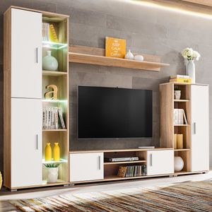 The Living Store TV-Wohnwand mit LED-Leuchten Sonoma Eiche und Weiß