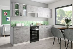 Roe Furniture | Küchenzeile - 260 cm - Grau - Einbauküche, Küchenblock, Singleküche, Singleküchenblock, Küchen - Tischplatte Grau (Betonfarbe)