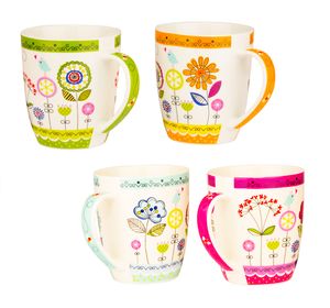 4er Set Große Kaffeetassen 350ml schöne bunte Blumen-Tasse : Bunt