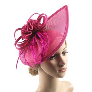Frauen Fascinator Stirnband Feder Mesh Blume Einfarbig Vintage Bowler Hut Hochzeit Haarspange Tea Party Hut für Abschlussball Bankett-Rose Red