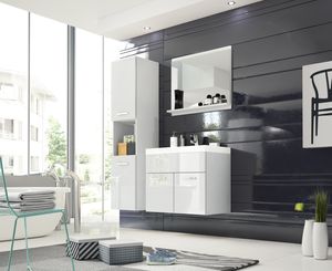 Minio, Badezimmer, Badmöbel 3-Teilig Set "MONAL", mit Waschbecken, Weiß Glanz Farbe