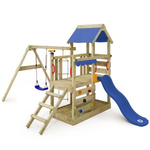 WICKEY Hrací věž TurboFlyer s houpačkou a skluzavkou, šplhací věž s pískovištěm, žebříkem a herními doplňky - modrá