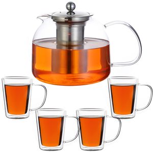 MONZANA® Teekanne inkl. 4er Set Teegläser Siebeinsatz 1,5L Teebereiter Glaskanne Tee Kaffe Heißgetränk Edelstahl Sieb Spülmaschinenfest Karaffe