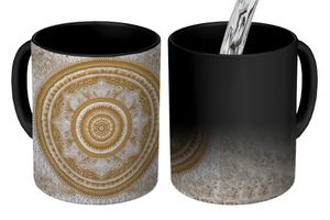 MuchoWow® Magický hrnček Magická mandala - Kvety - Zlatá - Biela - Dizajn 350 ml Hrnček na zmenu farby Nápad na darček - Magický hrnček - Foto hrnček - Keramické hrnčeky - Obrázky - Šálka kávy - Hrnček na pitie - Hrnčeky na kávu