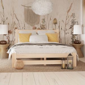 Holzbett 120x200 cm mit Lattenrost Modern Bett Bed Kiefer Massiv Bettgestell Doppelbett Massivholzbett Klassisch | Komfortabel & Langlebig | Skandinavisch Boho Landhaus Kopfteil hoch natur