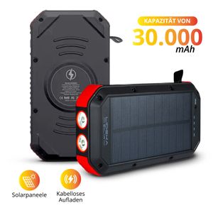 Lideka® Solar Powerbank 30,000mAh Tragbare Ladegerät, 6 Anschlüsse, kabelloses Aufladen, Kompatibel mit Smartphone, Samsung, Apple, für Wandern Reise