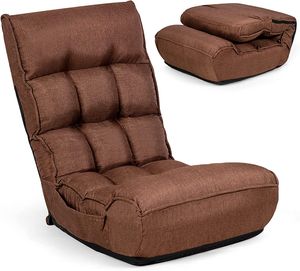 COSTWAY 4-stupňová nastavitelná podlahová židle, polstrovaná podlahová pohovka s 5-stupňovou nastavitelnou opěrkou hlavy a boční kapsou, ergonomická skládací židle, podlahová židle s nosností až 140 kg (hnědá)