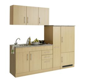 Singleküche Toronto 210 cm Buche Nachbildung mit Apothekerschrank Kühlschrank Kochmulde und Einbauspüle in Edelstahl
