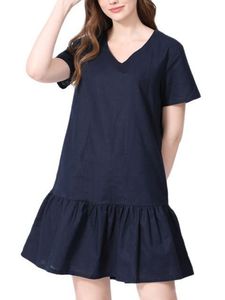 Damen Sommerkleider Baumwolle Kleider Rüschensaum Strandkleid Elegant Freizeitkleider Blau,Größe XL
