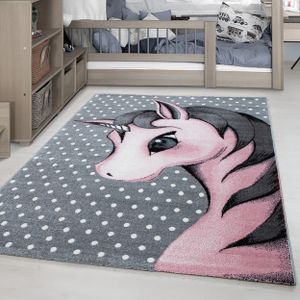 Kinderteppich Kinderzimmer Babyzimmer Kurzflor Teppich Einhorn Pferd Grau Pink, Grösse:160x230 cm