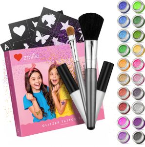 ZMILLA®Glitzer Tattoo Set Kinder (20 Farben | 100 Schablonen) Für Mädchen - Glitzertattoos inklusive 2 Pinsel & 2 Kleber | Biologisch abbaubarer Glitzer