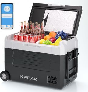 KROAK 45 Liter Kühlbox 12V 24V Tragbarer Mini-Kühlschrank bluetooth Elektrische Gefrierbox Klein Gefrierschrank für Auto Camping mit Rädern und Griff