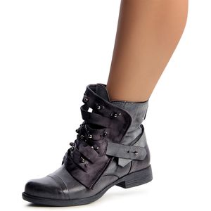 topschuhe24 1242 Damen Worker Boots Stiefeletten Nieten, Farbe:Grau, Größe:36 EU