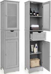 COSTWAY 170cm Hochschrank Bad, Badschrank mit Schublade, Badezimmerschrank mit verstellbaren Ablagen & Milchglastür, Badhochschrank schmal, aus Holz, modern (Grau)