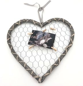 Fotohalter Herz 40x40cm Holz Herz mit Gitter und 5 Klammern Bilderhalter Rahmen